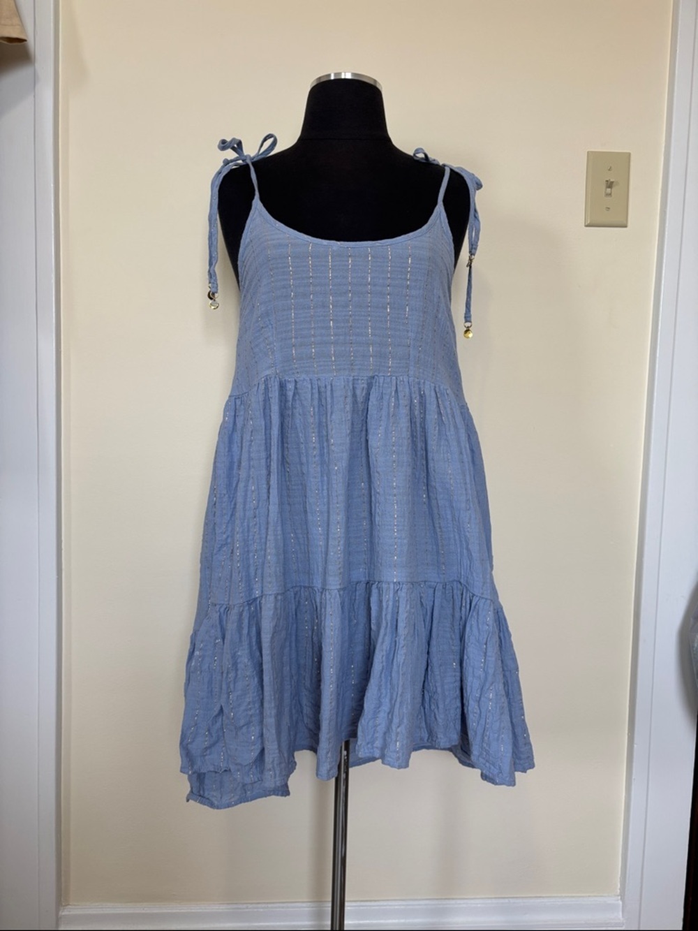 Aerie Tie-Shoulder Tiered Swim cover Up Sundress Light Blue Gold Stitch Small